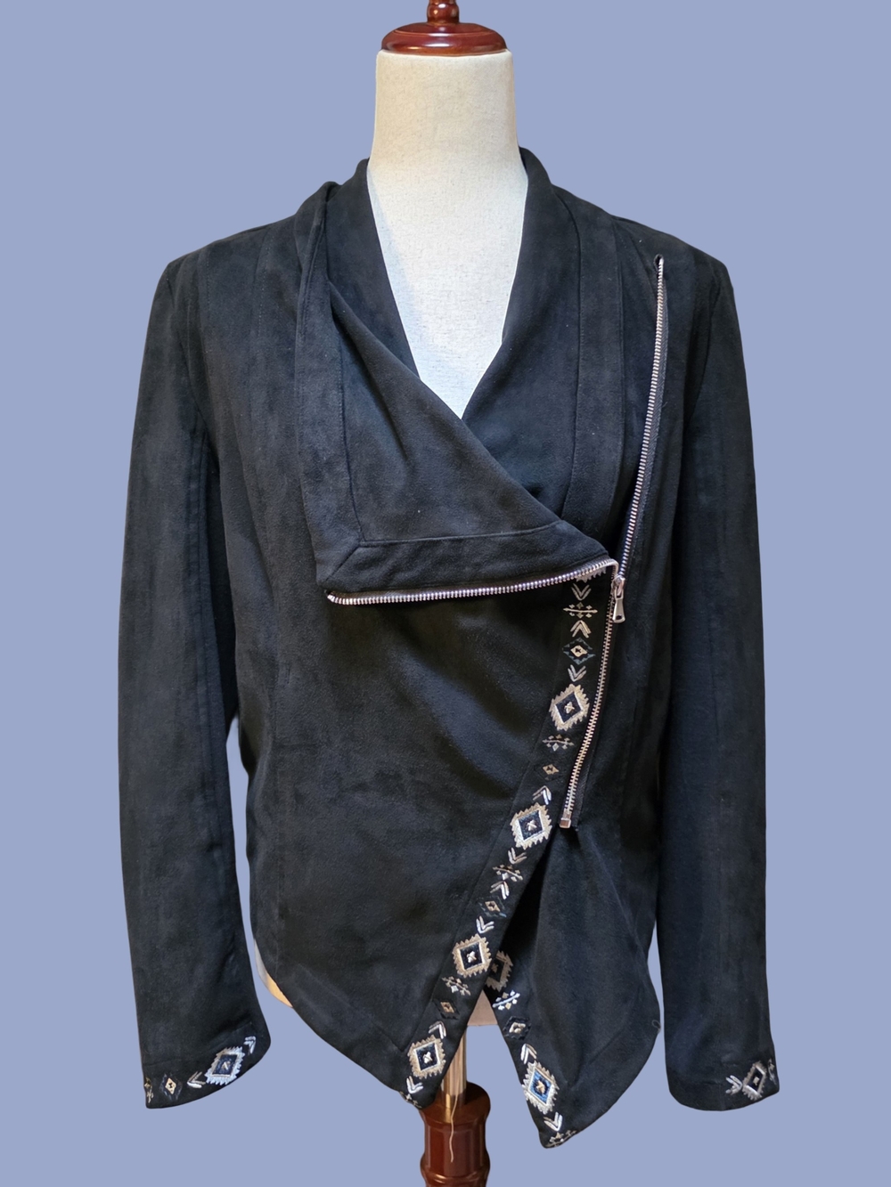 Driftwood Black Faux Suede Embroidered Aztec Zip Up Jacket